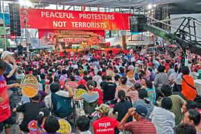 Red Shirts gather for a protest in the Ratchaprasong area in Bangkok
