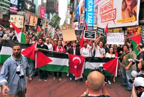 Protesting in New York City against Israel's massacre of humanitarian activists on board the Gaza Freedom Flotilla