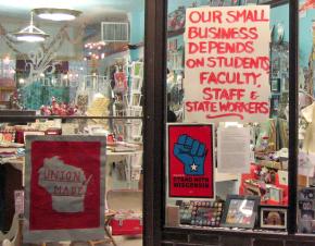 Madison's streets are lined with shops showing support for the pro-labor protests