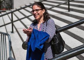 Park Slope Collegiate Principal Jill Bloomberg greets supporters during an investigation into her political views